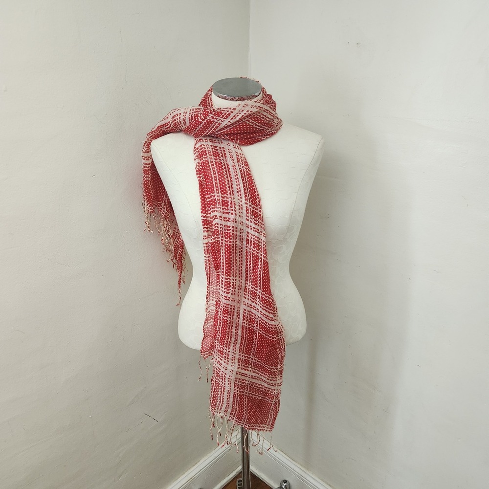 Tickled Pink Red Cream Geometric Polka Dot Lightweight Fringe Scarf 100% Acrylic